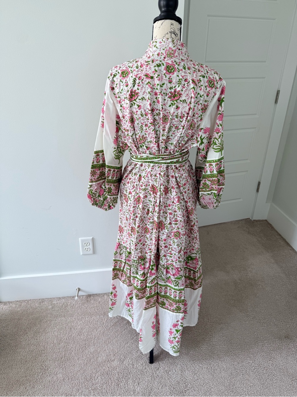 Like New XL Sue Sartor Floral Belted Flounce Midi Dress in Pink & Green - Picture 12 of 13